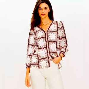Loft Windowpane V-Neck Button Blouse size M. Peach, Brown & Cream